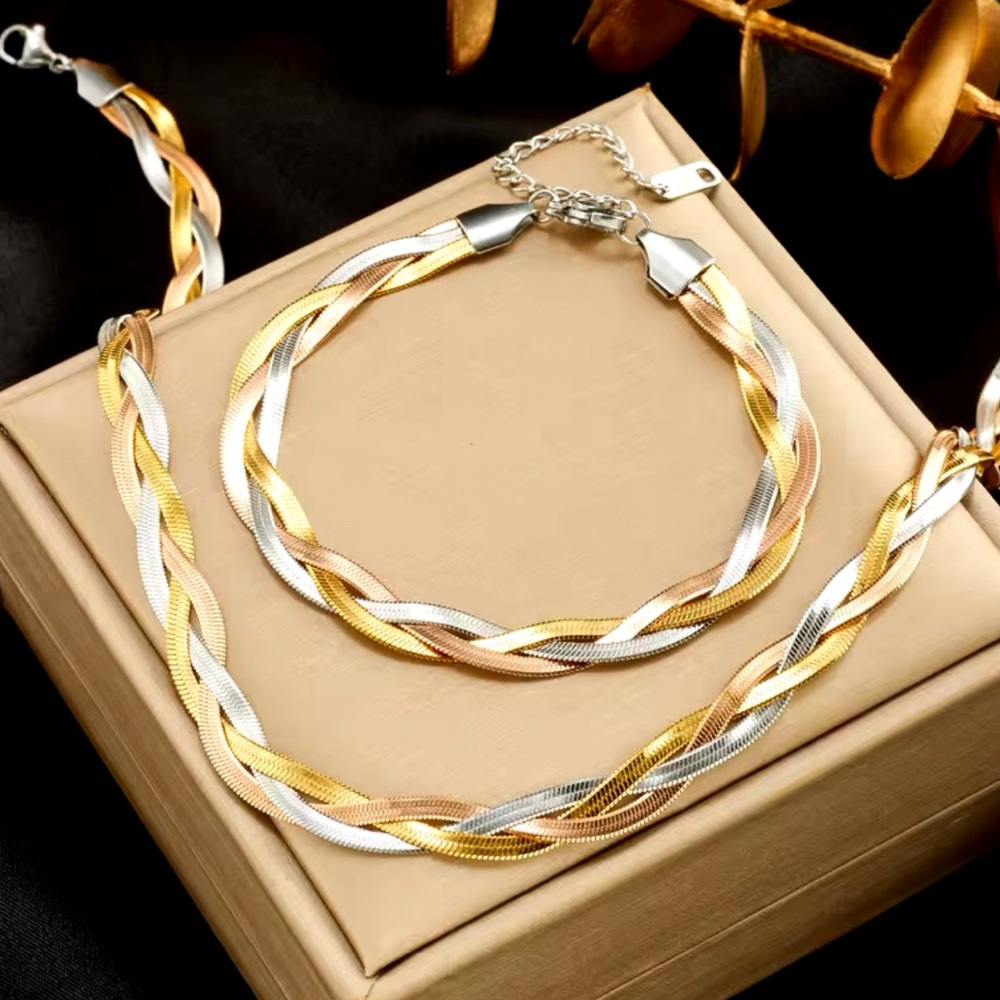 Blanche - Unique Stainless Steel Tricolor Hand Braided Necklace&Bracelet SET.NWT